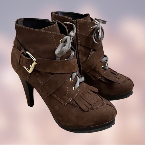 STEPHANIE Brazil Nubuck Leather Platform Heel Boot Bootie Pump Brown 7.5/38 NWOT - Picture 1 of 6